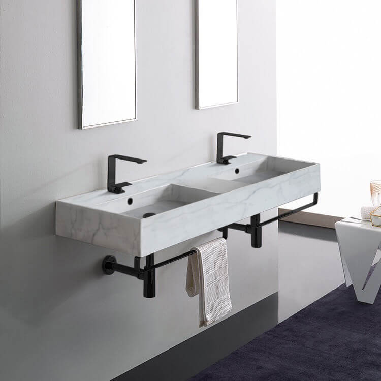 Scarabeo 5116-F-TB-BLK-Two Hole Marble Design Ceramic Wall Mounted Double Sink With Matte Black Towel Bar